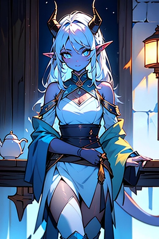 ((best quality)), ((masterpiece)), (detailed), 1girl, height 5 foot 6", eyes pure white [no pupils, or Scelra], skin light blue, hair white,  a set of Fine Clothes consisting of wears a dark cyan body suit, knee high dark blue boots with mock silver linings and small 1 inch heels, a crystalline blue cloth breastplate with icy white linings, connected to an icy blue back skirt that goes down to her knees, now white hair that goes to just past her shoulders, light blue skin, pure white eyes, is 5' 6" long elf like ears, two horns a slightly darker shade of blue then her skin skin coming out of her hair and curling back over/around her ears like a ram's, and a long slim tail that ends in a spade, frosty breath like in winter, sitting in a fantasy tavern, clear summer weather, a cup of tea on a wooden table. Long thin tail ending in a spade,