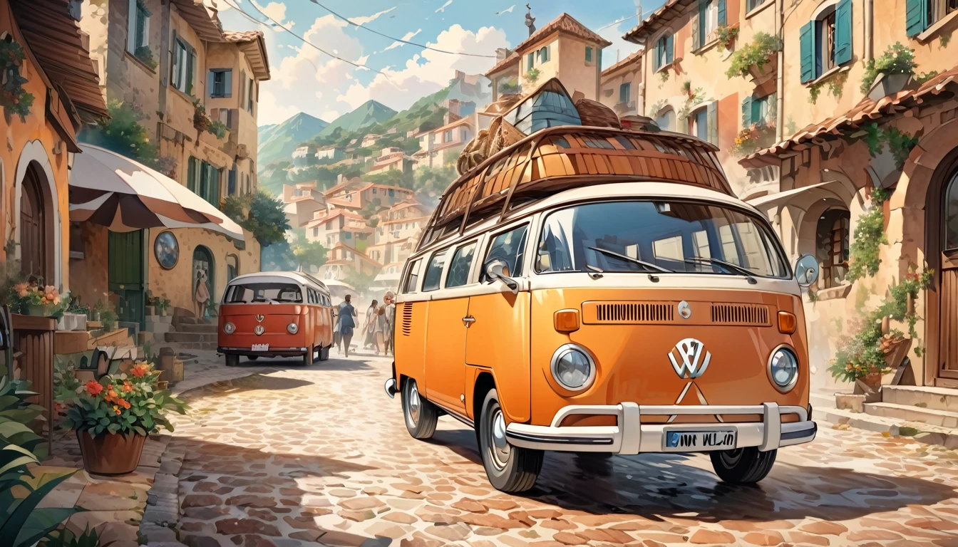 歴史的masterpiece,A picture of a van parked on a cobblestone street near the building., The only VW bus on the road, beautiful retro art, by Bencho Obreshkov, Colourful and detailed, 8k)), happy italian beach scene, Watercolor style, super Realistic painting style, Detailed 4K painting, Realistic painting style, Awesome Wallpapers,There is no one,masterpiece