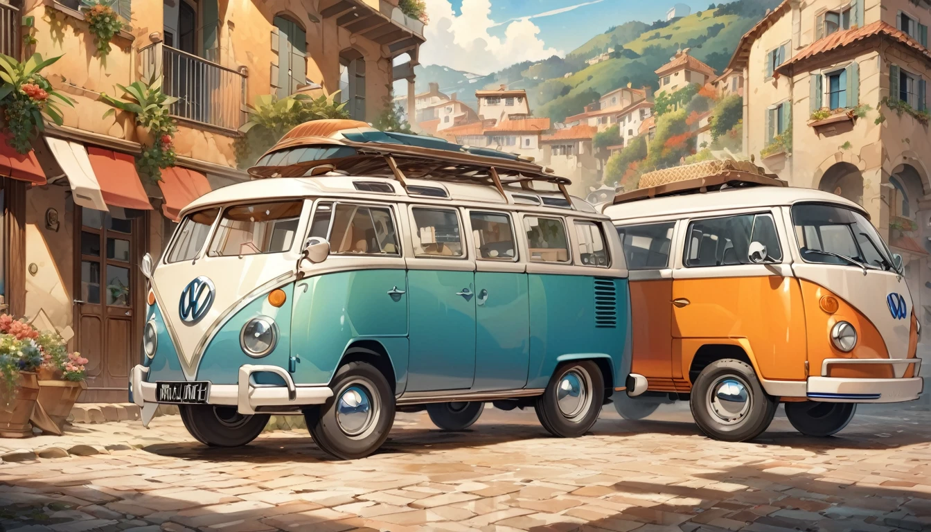 歴史的masterpiece,A picture of a van parked on a cobblestone street near the building., The only VW bus on the road, beautiful retro art, by Bencho Obreshkov, Colourful and detailed, 8k)), happy italian beach scene, Watercolor style, super Realistic painting style, Detailed 4K painting, Realistic painting style, Awesome Wallpapers,There is no one,masterpiece