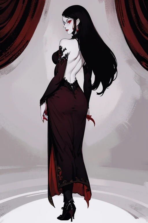 (back view, full body:1.4),((ultra realistic illustration:1.2)),(dark fantasy:1.4), (seductive). In a ornate bed chamber. Beautiful vampiress. long black hair, red eyes, ((very pale:1.4)), beautifully fit figure, natural perky breasts. Blood red lipstick, long sheer gown, .Masterpiece, (highly detailed:1.2),(detailed face and eyes:1.2), 8k wallpaper, natural lighting. core shadows, high contrast, bokeh.