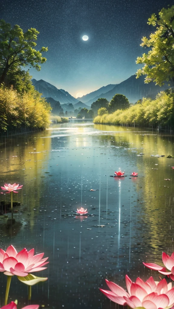 At night, only the moonlight illuminates, crooked moon, mountains in the distance, beautiful big lotus flowers nearby, big red lotus flowers, running water next to it, frogs, summer full of joy, crooked moon in the sky mixed with stars, amazing wallpaper, rainy night, night in the rain, beautiful and beautiful, movie, high detail ((heavy rain))), 8k