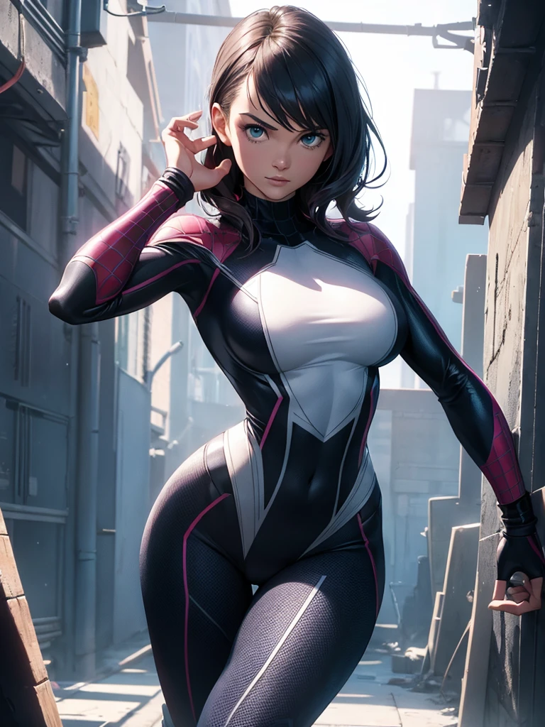 Gwen in the x-men in her new spider x-men suit,Solo, High Resolution, Masterpiece, Best Quality, High Details, High Quality, Large breasts, adult woman,