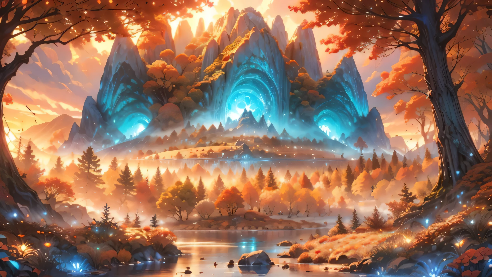 large deep clear glowing blue lake with island in the centre, fantasy fairytale scenery, in a valley with huge dramatic mountains towering in the distance,autumn,large ornamental lawns, rocks plants flowers shrubs trees moss lawns grass redwoods,sunset storm and strong sunbeams,misty hazy,extreme details,photorealistic,4k,HD,beautiful,nature, dreamy, imaginative