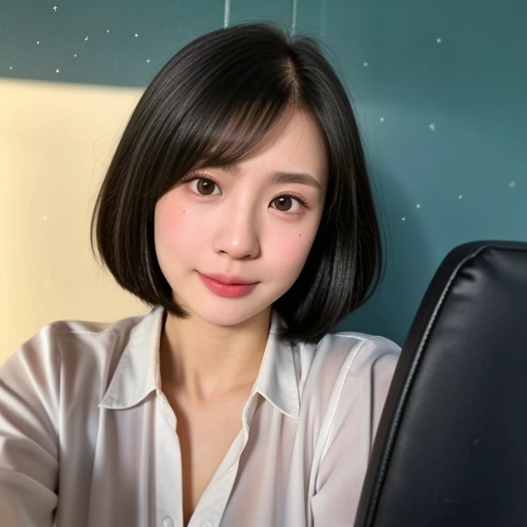 (kawaii 18 year-old Japanese girl, Nogizaka idol, Korean idol, highschool student), healthy female athlete body, (glossy black hair, short hair, pixie cut, bangs:1.3), (rounded face, beautiful black eyes, single eyelid, no makeup, looking at something out of frame, shy:1.5), (collared shirt unbuttoned, creavage visible, pleated skirt:1.3), extra small breasts, BREAK, (classroom background, seating in the chair:1.2), (dynamic angle, cowboy shot:1.2), BREAK, (masterpiece, best quality, photo realistic, official art:1.4), (UHD, 8K quality wallpaper, high resolution, raw photo, golden ratio:1.3), (shiny skin), professional lighting, physically based rendering, award winning, (highly detailed skin, extremely detailed face and eyes), Carl Zeiss 85 mm F/1.4, depth of field, 1girl, solo,