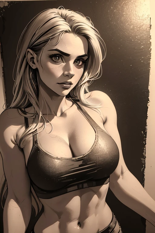 a 22 year old girl, sketch, skinny, tiny, t shirt, black and white, cute body, detailed features, cleavage, vintage style, high contrast lighting, cute eyes, long hair,(best quality,4k,8k,highres,masterpiece:1.2),ultra-detailed,(realistic,photorealistic,photo-realistic:1.37),vintage,monochrome,intense gaze,dramatic lighting,rugged background,distressed paper texture,retro vibes,id photo,front view, beautiful shadows and lights
