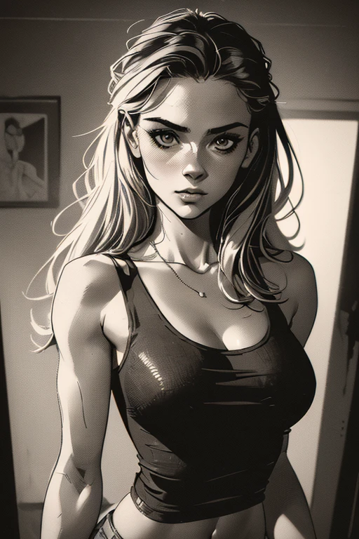 a 22 year old girl, sketch, skinny, tiny, t shirt, black and white, cute body, detailed features, cleavage, vintage style, high contrast lighting, cute eyes, long hair,(best quality,4k,8k,highres,masterpiece:1.2),ultra-detailed,(realistic,photorealistic,photo-realistic:1.37),vintage,monochrome,intense gaze,dramatic lighting,rugged background,distressed paper texture,retro vibes,id photo,front view, beautiful shadows and lights