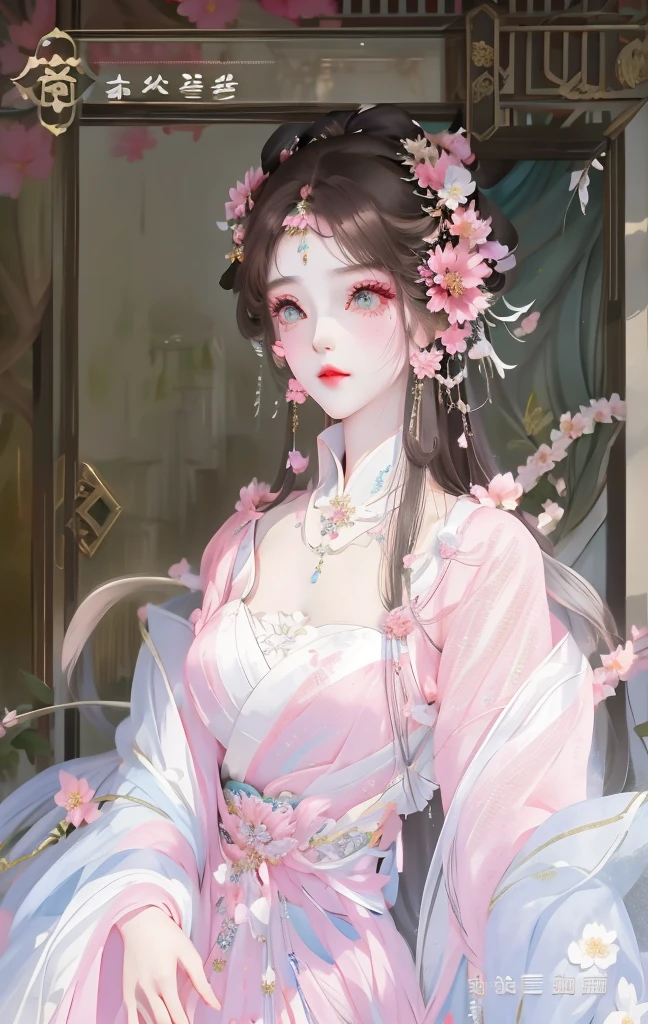Wearing a pink dress、Anime girl with flowers in her hair, Beautiful fantasy queen, ((Beautiful fantasy queen)), palace ， Girl wearing Hanfu, Full body fairy, Inspired by Qiu Ying, Inspired by Ma Yuanyu, Inspired by Tang Yifen, xianxia fantasy, Inspired by Huayan, Inspired by Huang Ji