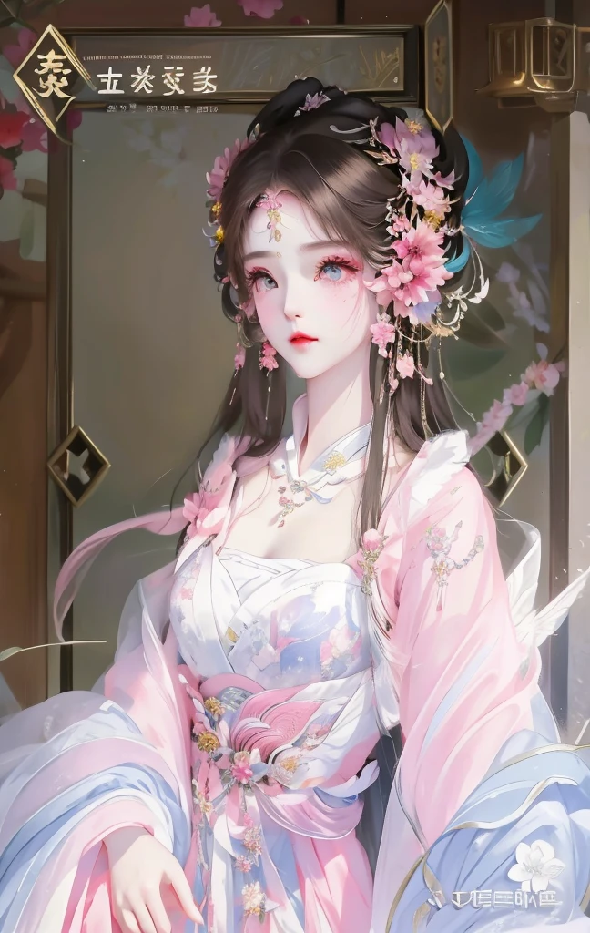 Wearing a pink dress、Anime girl with flowers in her hair, Beautiful fantasy queen, ((Beautiful fantasy queen)), palace , Girl wearing Hanfu, Full body fairy, Inspired by Qiu Ying, Inspired by Ma Yuanyu, Inspired by Tang Yifen, xianxia fantasy, Inspired by Huayan, Inspired by Huang Ji
