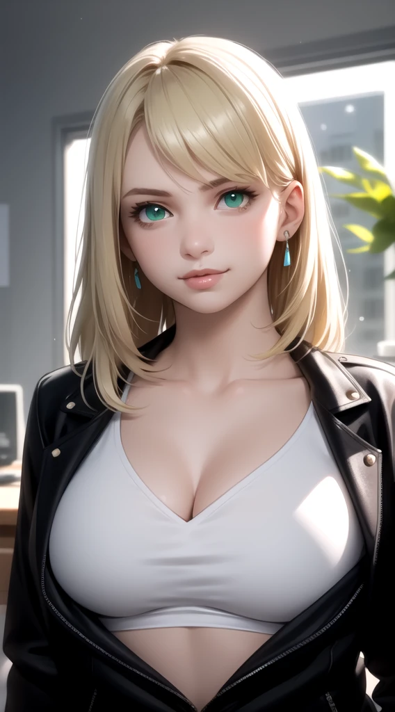 (masterpiece, best quality), intricate details, thin, ((slim)), beautiful girl, Light blonde hair, white skin, light green eyes, sharp jawline, cropped jacket red , messy hair, lips red , upper body, medium breast, close up, smirk, architect office