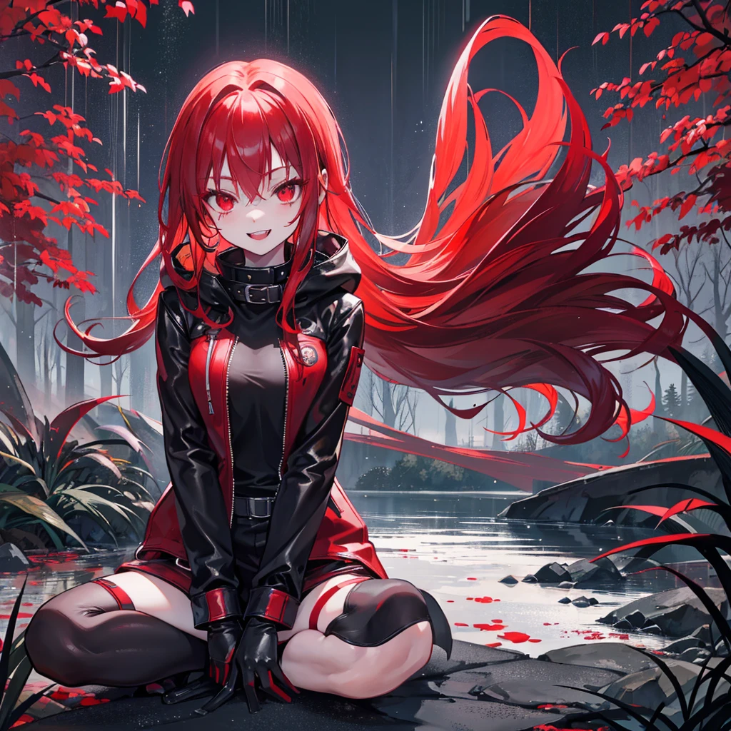 Cute redhead vampire teen girl, red eyes, long hair, headphones, excited, happy, smile, fangs, leather hooded jacket, track long pants, gloves, collar, stained with blood, barefoot, visible feet, outdoors, midnight, fog, rain, dark ambience, forest, river, meditating in lotus pose nearby river, night