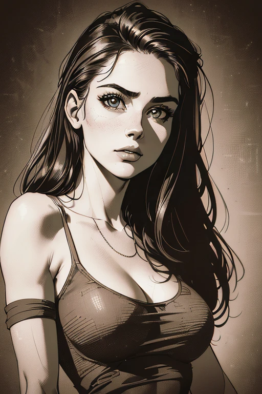 a 22 year old girl, sketch, skinny, tiny, t shirt, black and white, cute body, detailed features, cleavage, vintage style, high contrast lighting, cute eyes, long hair,(best quality,4k,8k,highres,masterpiece:1.2),ultra-detailed,(realistic,photorealistic,photo-realistic:1.37),vintage,monochrome,intense gaze,dramatic lighting,rugged background,distressed paper texture,retro vibes,id photo,front view