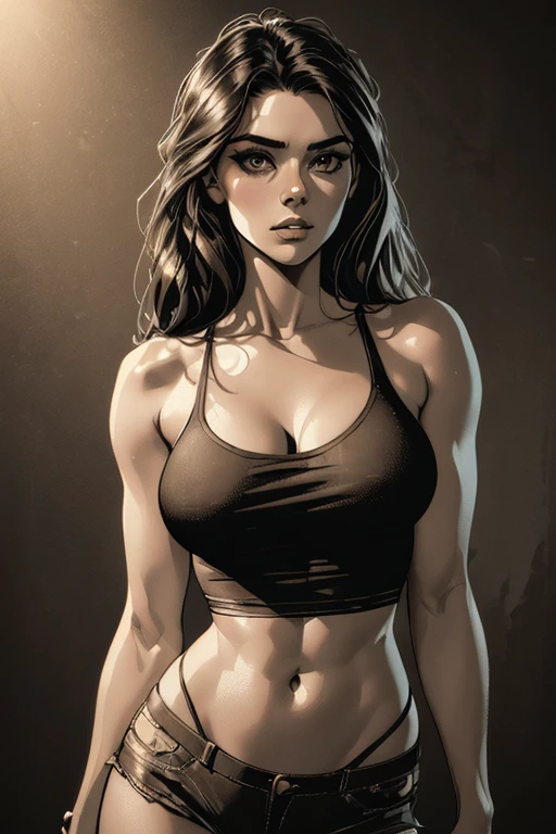 a 22 year old girl, sketch, skinny, tiny, t shirt, black and white, cute body, detailed features, cleavage, vintage style, high contrast lighting, cute eyes, long hair,(best quality,4k,8k,highres,masterpiece:1.2),ultra-detailed,(realistic,photorealistic,photo-realistic:1.37),vintage,monochrome,intense gaze,dramatic lighting,rugged background,distressed paper texture,retro vibes,id photo,front view, beautiful shadows and lights