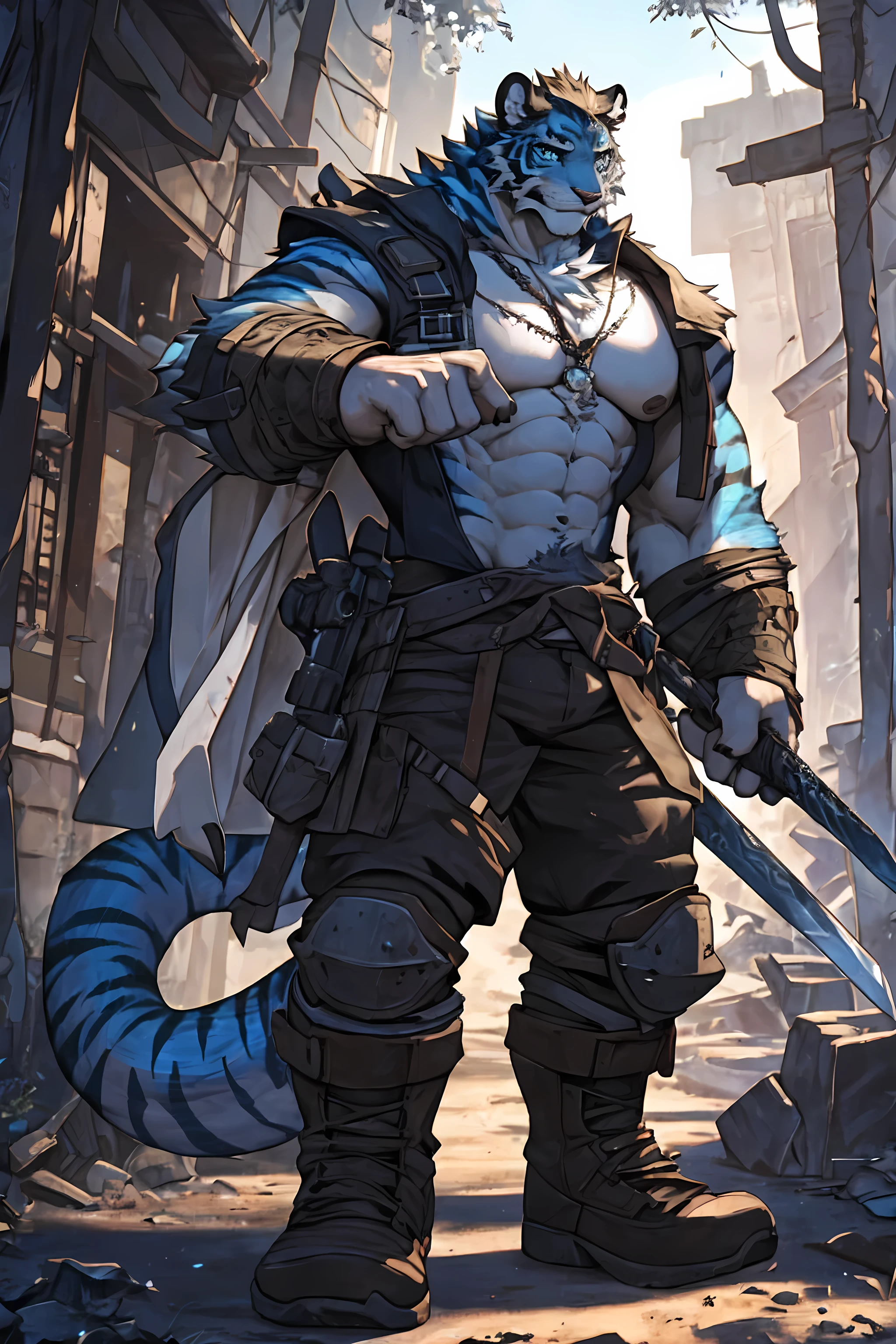8k, photorealistic, ultra-detailed, hyper-detailed, tiger, heterochromia, left eye blue, right eye green, exquisite detailed eyes, intricate detailed eyes, holding a long sword pointing forward, highly detailed hands, intricate detailed hands, extremely high detail, post-apocalyptic, wasteland, abs weaving machine, blue and black fur, muscular physique, facing the screen