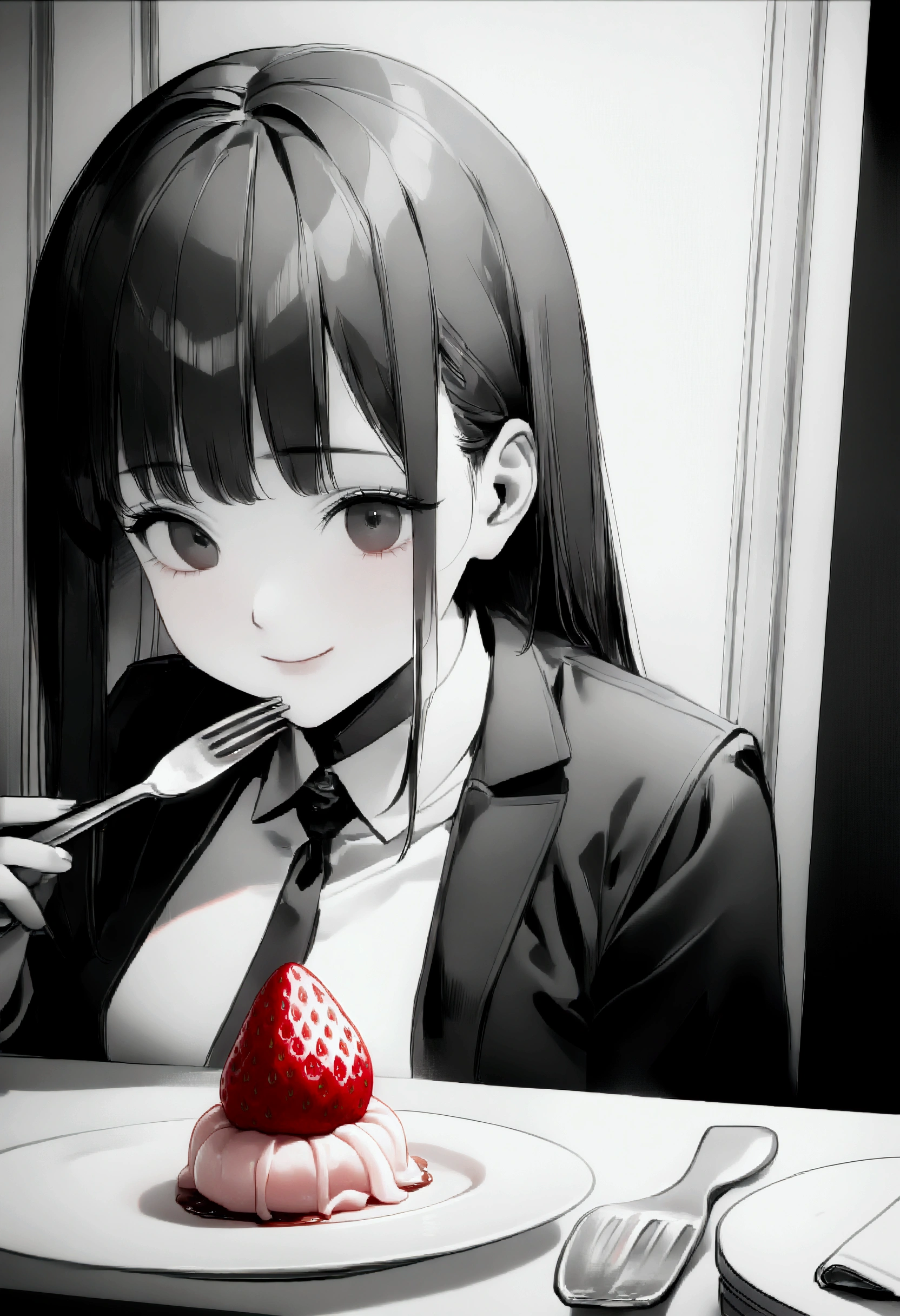 quality\(8k,wallpaper of extremely detailed CG unit, masterpiece,hight resolution,top-quality,top-quality real texture skin,hyper realisitic,increase the resolution,RAW photos,best qualtiy,highly detailed,the wallpaper,cinematic lighting,ray trace,golden ratio\), BREAK ,(solo),only single 1strawberry\(on the beautiful white plate,(beautifully displayed:1.2),(monotone,red:1.7)\)\), background\((monochrome,black and white:1.4),1girl\(classy, dress, smile,holding knife and fork,\),table\(white tablecloth\), French restaurant\(beautiful, glittering\), waiter standing\),(close-up 1strawberry:1.3)