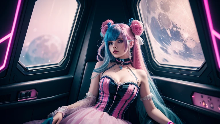 egirl as harlequin, long pink and blue hair with a choker in the background, synth wave color palette, trending on artstation, trending on CGSociety, Intricate, High detail, sharp focus, dramatic, full body shot dressed in lace in a ship on the moon looking out the window, trend on tiktok