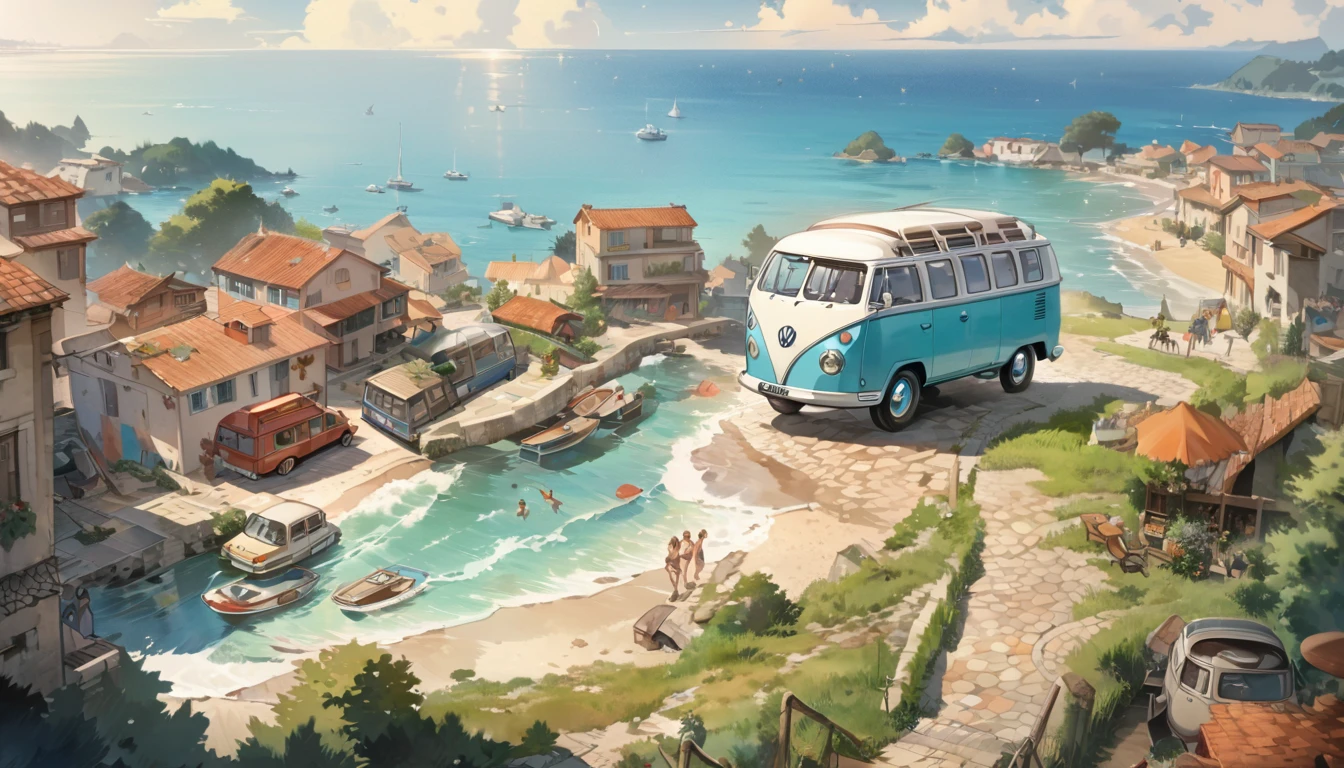 歴史的masterpiece,A picture of a van parked on a cobblestone street near the building., A VW bus on the road, beautiful retro art, by Bencho Obreshkov, Colourful and detailed, 8k)), happy italian beach scene, Watercolor style, super Realistic painting style, Detailed 4K painting, Realistic painting style, Awesome Wallpapers,There is no one,Only one car,masterpiece