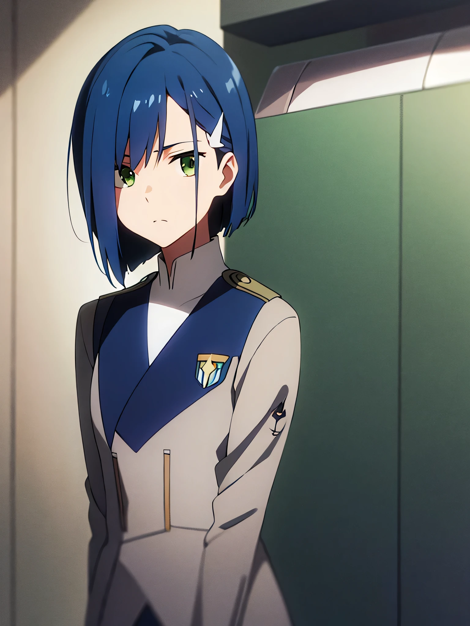 Ichigo, green eyes, blue hair, short hair, hair ornament, hairclip, bangs, gray uniform