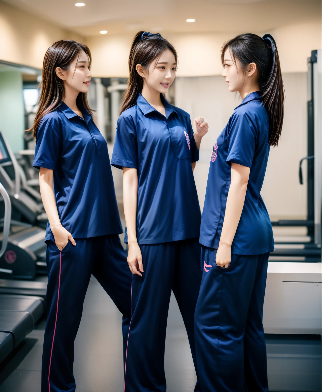 3 girls in fitness center, Navy blue short-sleeved shirt,Navy Long Trackpant,Sweatpants, Sweatpantsขายาว,25 year old girl, lesbian, sexy, exercise clothes, wet body, exercise clothes