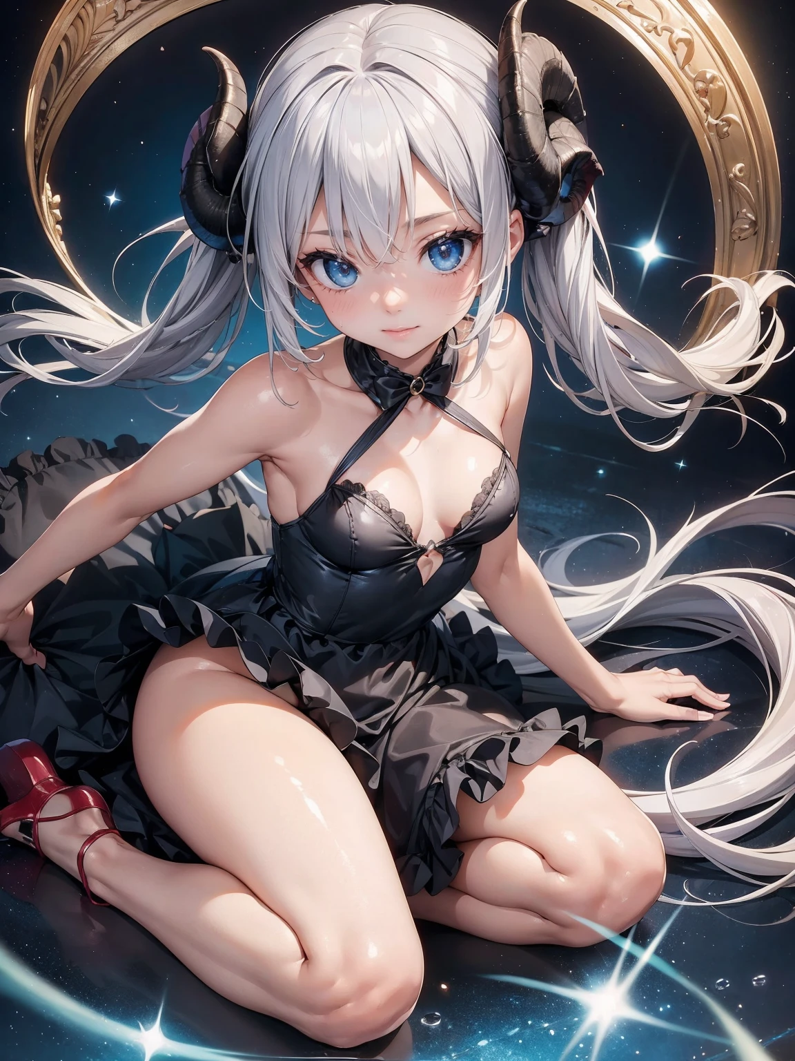 (Absurd Resolution:1.2), (ultra delicate:1.2), (masterpiece:1.2), (Photorealistic), (top-quality), BREAK (cute-loli-1girl), (16 years old), (finely detailed eyes and finely detailed baby face:1.2),  BREAK (ultra fine-blue-cute-eyes:1.3), (Expression ultra detailed Glitter Pupil), (ultra detailed Expression eyelashes), BREAK (ultra delicate long twin tails silver hair and swept bangs), (beautiful Glossy lips), BREAK (slim body and small breasts:1.0), narrow waist, leggy, curvy is body without muscles, BREAK (glossy realistic skin texture:1.2), (sweaty skin:1.0), precise anatomy, (4 defined fingers), (1 defined thumb), Happy smile, BREAK (Demon Princess), (ultra delicate black Tube dress), (horn on side head sheep horn:1.2), BREAK Seductive pose, (Crisp focus, eye focus:1.2), (full body shot, shoot from front, high angle shot), Exquisite interior, crystal ball, glowing magic circle, Shining particles of light dance, professional lighting, atmospheric 