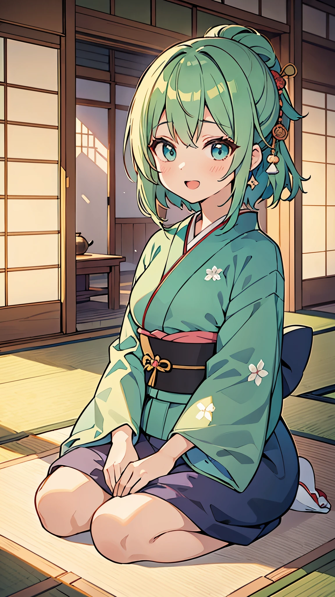 ((A Pretty girl with green hair and blue eyes sitting on tatami)), seiza, Japanese sitting posture, ((wearing the Japanese kimono)), Baby face, ((top-quality, master piece, ultra-definition, high resolution)), anime girl, ((ultra-detailed illust:1.2)), only one person, bangs, hair between eye, beautiful hair, Beautiful eyes, medium breasts, Big smile, opened mouth, in the Japanese tea‐ceremony room, The sunlight shines softly into the room