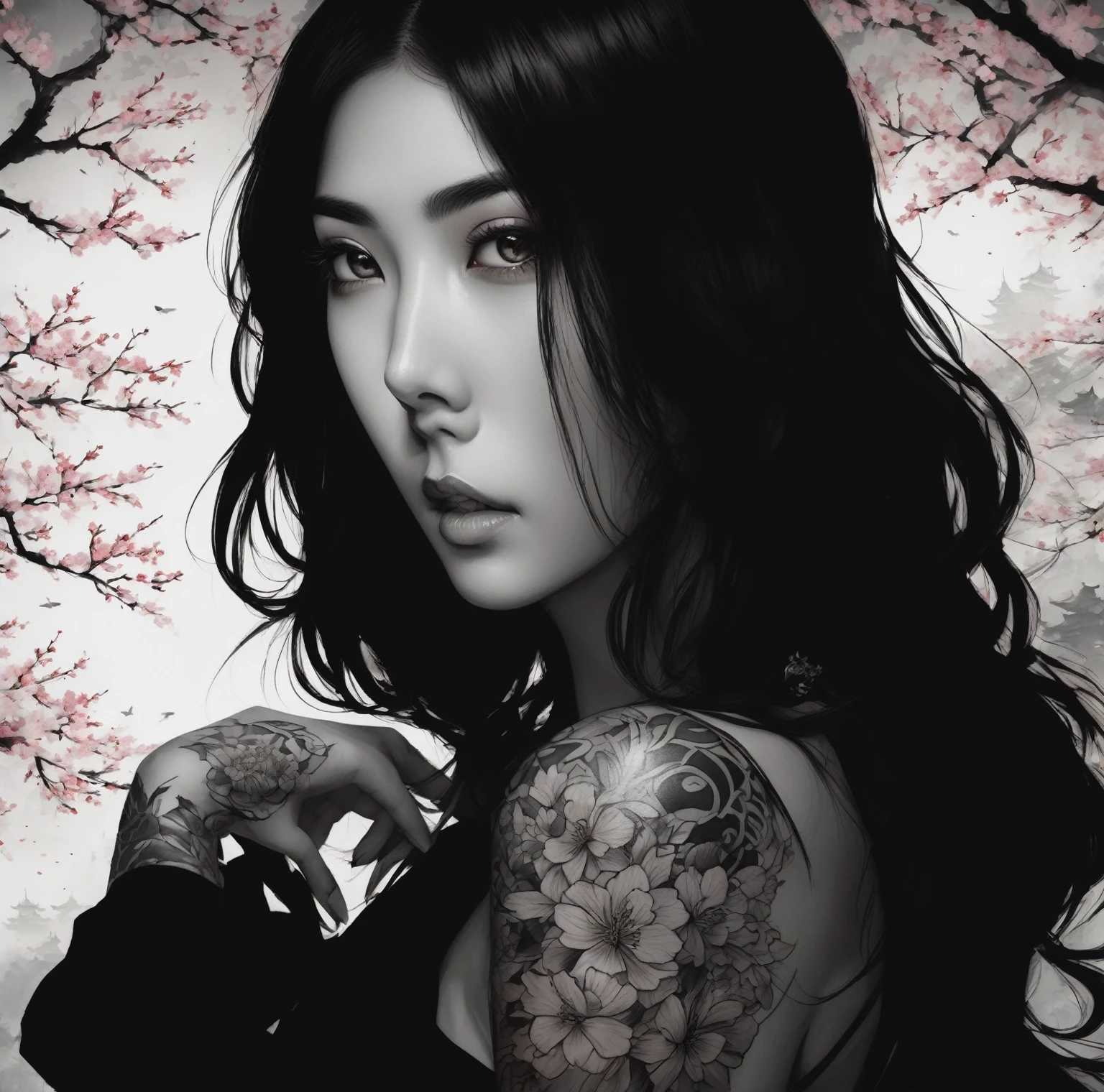 (high quality,4k,8k,High resolution,masterpiece:1.2),ultra detailed,detailed eyes, detailed lips,Japanese tattoo with black and white paint and ink strokes,girl with intricate traditional tattoo,dark straight hair flowing down,subtle shading and highlights,Japanese traditional background with cherry blossoms and waves.,sharp lines and precise details,tattoo texture showing fine brush strokes and ink splashes,subtle variations in shading and depth,meticulously crafted patterns and symbols,high contrast between light and dark areas to create a dramatic effect,complex and significant symbolism,delicate and intricate floral elements,exquisite craftsmanship and attention to detail,Gothic-inspired fashion with a modern twist,confidence and poise in the girl's expression,strong and bold presence in the overall composition,Sharp focus to capture every intricate detail,Subtle shadows and soft gradients to create depth and dimension.,stark contrast between the black tattoo and the girl's pale skin,Traditional Japanese aesthetics combined with contemporary influences.,proud and elegant posture of the girl,patiently etched lines and dots,Smooth and elegant curves of the tattoo design.,meticulously executed lines and shading.