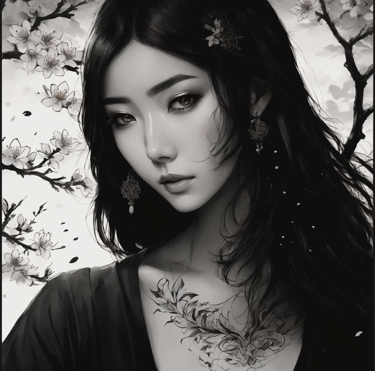 (high quality,4k,8k,High resolution,masterpiece:1.2),ultra detailed,detailed eyes, detailed lips,Japanese tattoo with black and white paint and ink strokes,girl with intricate traditional tattoo,dark straight hair flowing down,subtle shading and highlights,Japanese traditional background with cherry blossoms and waves.,sharp lines and precise details,tattoo texture showing fine brush strokes and ink splashes,subtle variations in shading and depth,meticulously crafted patterns and symbols,high contrast between light and dark areas to create a dramatic effect,complex and significant symbolism,delicate and intricate floral elements,exquisite craftsmanship and attention to detail,Gothic-inspired fashion with a modern twist,confidence and poise in the girl&#39;s expression,strong and bold presence in the overall composition,Sharp focus to capture every intricate detail,Subtle shadows and soft gradients to create depth and dimension.,stark contrast between the black tattoo and the girl&#39;s pale skin,Traditional Japanese aesthetics combined with contemporary influences.,proud and elegant posture of the girl,patiently etched lines and dots,Smooth and elegant curves of the tattoo design.,meticulously executed lines and shading.