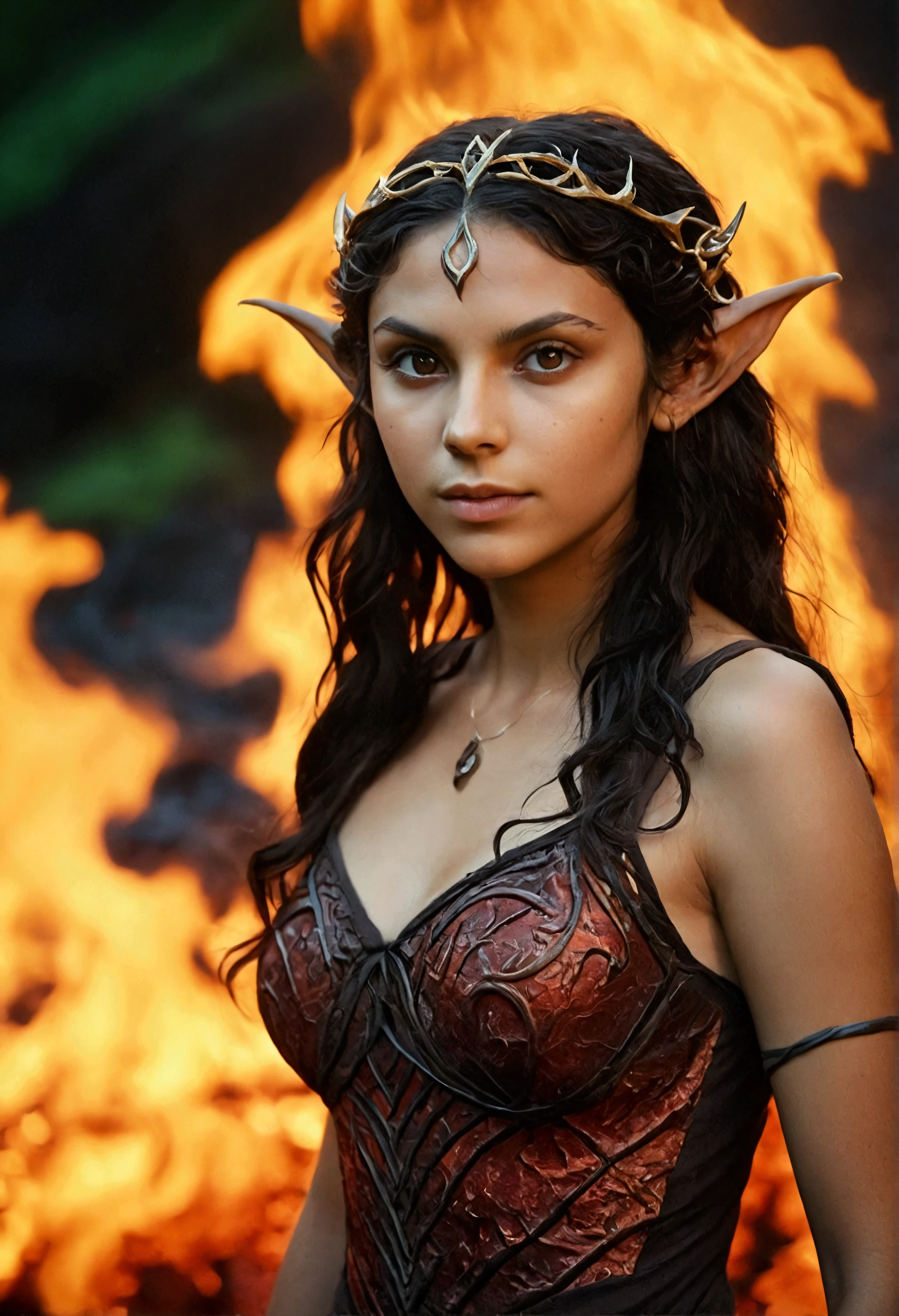 analog film photo, photo of a young fire elf, 18 years-old, female, elf, pointy ears, dark messy hair, sun-kissed complexion, sweaty skin, pretty, natural beauty, tall, full hourglass figure, thick thighs, big butt, wearing damp undergarments, posing in a fiery lava lake, surrounded by flames and smoke, hellish landscape, nighttime, resembles a young Morena Baccarin, RAW Photograph, dslr, soft lighting, high quality, film grain, Fujifilm XT3, detailed skin with visible pores, insane details, masterpiece, 8k, 35mm photograph, dslr, kodachrome, faded film, desaturated, grainy, vintage, Lomography, stained, highly detailed, found footage, close-up shot, elven ears