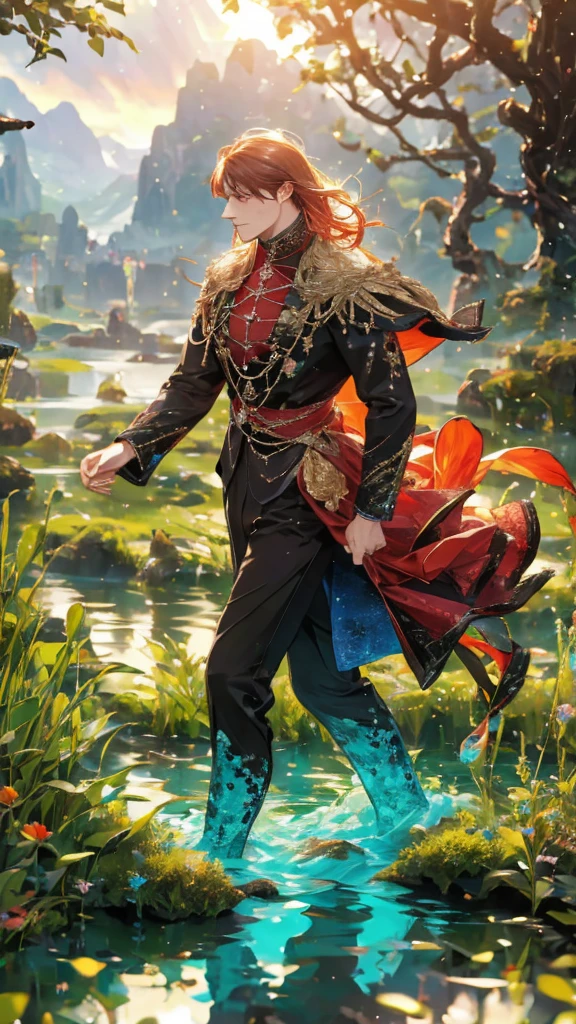 A muscular prince walking, haunting, mysterious, sadness, glowing flowers on water, dark red outfit with rainbow crystals, magical, lake, dungeon, candle lights, bondage, chains, masterpiece, covered with flowers