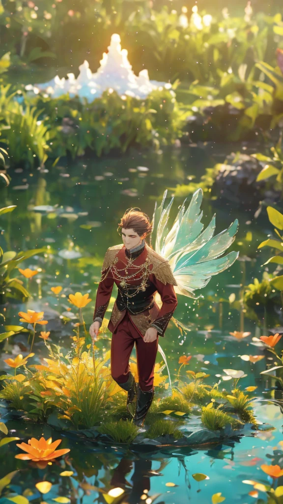 A muscular prince walking, haunting, mysterious, sadness, glowing flowers on water, dark red outfit with rainbow crystals, magical, lake, dungeon, candle lights, bondage, chains, masterpiece, covered with flowers