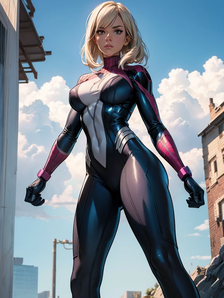 Gwen in the x-men in her new spider x-men suit,Solo, High Resolution, Masterpiece, Best Quality, High Details, High Quality, Large breasts, adult woman, character reference character sheet 
￼