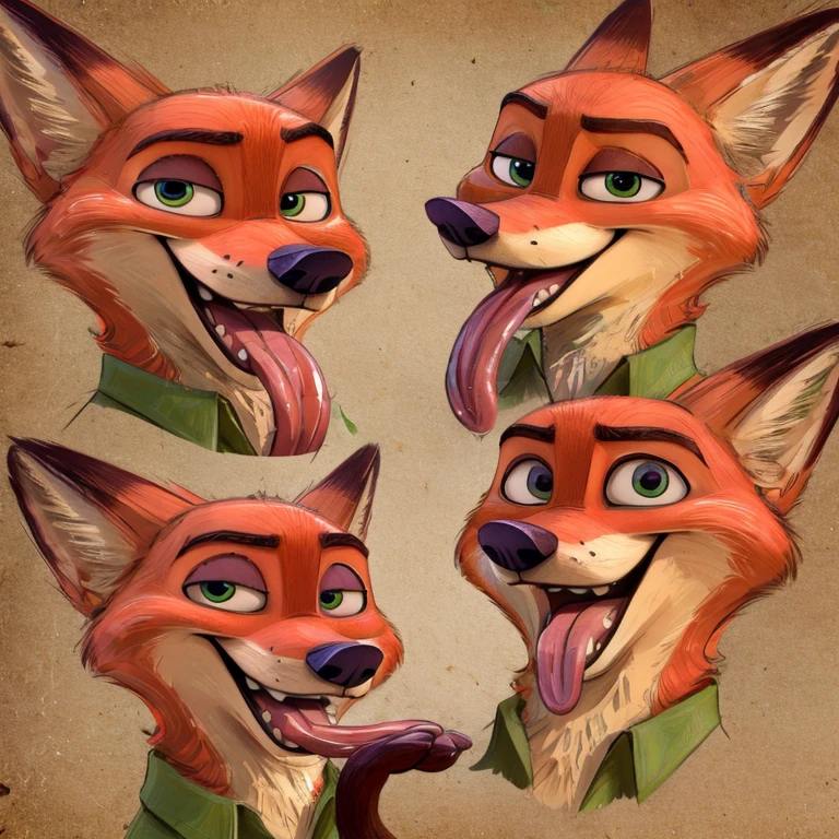 Nick Wilde (Zootopia), Disney Animation, 2D, Looking at viewer, Open Mouth, Tongue Out, Long Tongue, Wide-Eyed, Fox Ears, Anatomically Correct, Seductive Smile, Raised Eyebrow, Oral Invitation, Simple background, Multiple Views, Full Body Shot, Character Sheet Full-Length, Character Design, Illustration, High Resolution, Super Detailed, Textured Skin