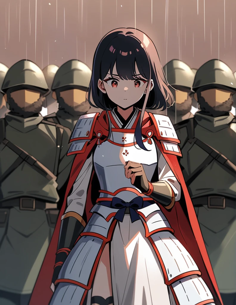 In manhwa art style A young woman wearing white Japanese armor with a red cape under her shoulders stares at a group of soldiers as rain falls on the battlefield.