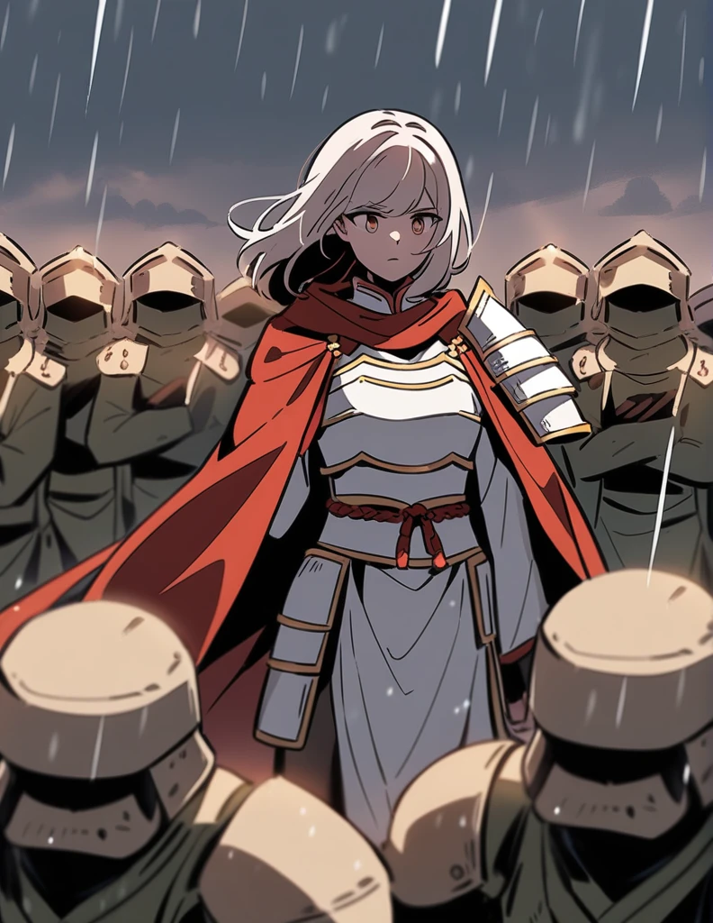In manhwa art style A young woman wearing white Japanese armor with a red cape under her shoulders stares at a group of soldiers as rain falls on the battlefield.