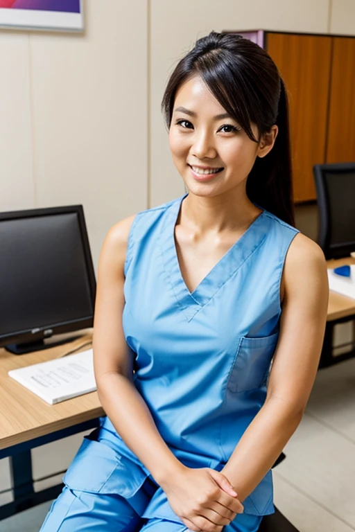 Athletic beautiful 30 year old asian female nurse wearing sleeveless scrubs taking a break in hospital. Smiliing. Toned arms. Sitting at desk