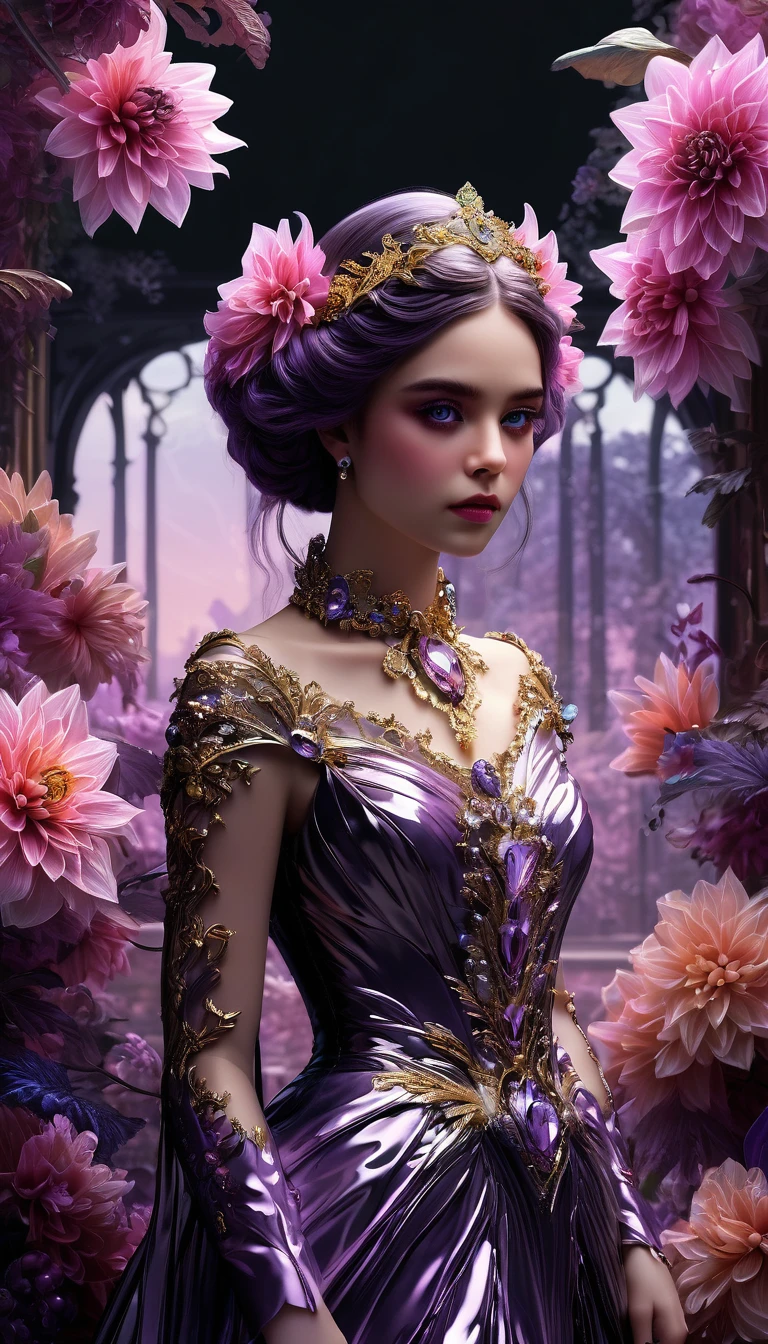 messy lines, iridescent color scale, (full-length portrait: 1.5), (far focus design: 1.5), A beautiful girl, High-gloss black satin and gold clothes, Proud, shy, jewelry, Bright pupils, Eyes facing the central focus, wrapped in lilac metallic screen, Exuding an aura of dark fantasy and hatred, Intricate and exquisite details, Highlights fine lines, rich color palette, rainbow colors. Added to enhance the overall ambience, Beautiful details shine, vibrant and perfect, through double exposure technology, Hauntingly beautiful fog enveloping the landscape, Delicate crystal structure shines, vibrant pink backlighting for flowers and hair, vibrant lilac dahlia blossom , flushed nose, high detail, intricate detailed lilac and iridescent flower background, dynamic pose, concept art, UHD, anatomically correct, super detail, best quality, 8k