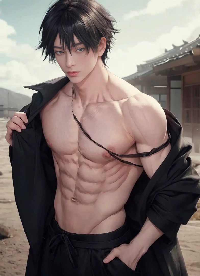 1 male, Japanese male model, high resolution 4k, adult, handsome, perfect face detail, detailed eyes and face, clean shaved, sixpack, white eyebrow hair, white eyelashes, Naked torso, Detailed face, perfect face, dynamic lighting, Real skin texture, detail Perfect hand details, Real and complete hand details, unreal engine, hd picture, satoru gojo, Jujutsu kaisen, white hair, short hair ,hair between eyes ,blue eyes, white skin,