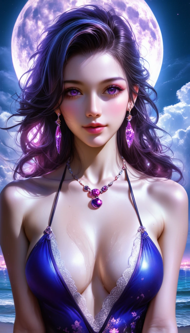 score_9, score_8_superior, score_7_superior, A masterpiece in 32K resolution,Highest quality,it is really amazing,Very detailed,Ultra-high resolution,(Ultra-realistic:1.5),(Realistic:1.5),Increased depth of field,Cinematic lighting,
(Sexy adult Japan woman:1.4),
Long black hair,Ultra-detailed and beautiful face,(Gentle expression:1.1),Translucent white skin,(Realistic skin texture:1.1),
(Sexy Swimwear:1.1),
Bold design,Artistic design,Beautiful and detailed pattern,Detailed fabric texture,
Gorgeous necklace,Earrings,
Coastline at night,(Giant Moon:1.1),(Dark clouds floating in the dark night sky:1.1),
High angle,