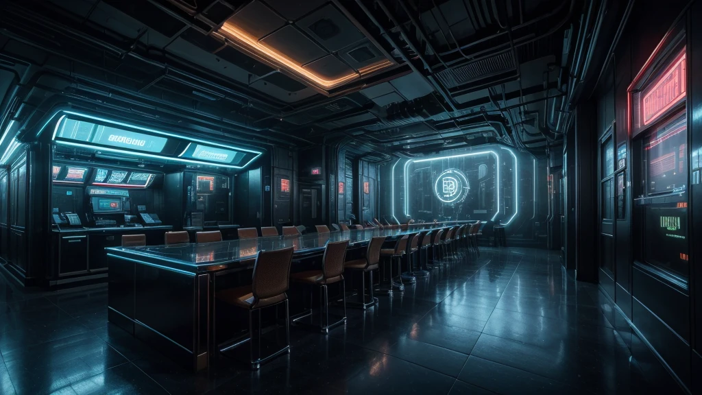 A highly detailed cyberpunk futuristic bank with floating bitcoin coins, intricate architectural design, neon lighting, advanced technology, chrome and glass materials, volumetric lighting, cinematic camera angle, dynamic composition, dramatic shadows and highlights, moody color palette, dystopian atmosphere
