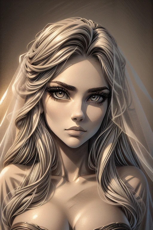 a 22 year old girl, sketch, skinny, tiny, t shirt, black and white, cute body, detailed features, cleavage, vintage style, high contrast lighting, cute eyes, long hair,(best quality,4k,8k,highres,masterpiece:1.2),ultra-detailed,(realistic,photorealistic,photo-realistic:1.37),vintage,monochrome,intense gaze,dramatic lighting,rugged background,distressed paper texture,retro vibes,id photo,front view