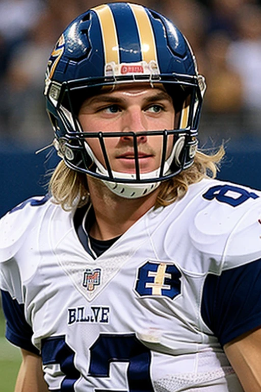A tall, strong, good-natured, kind and fun blond, blue-eyed American football player 