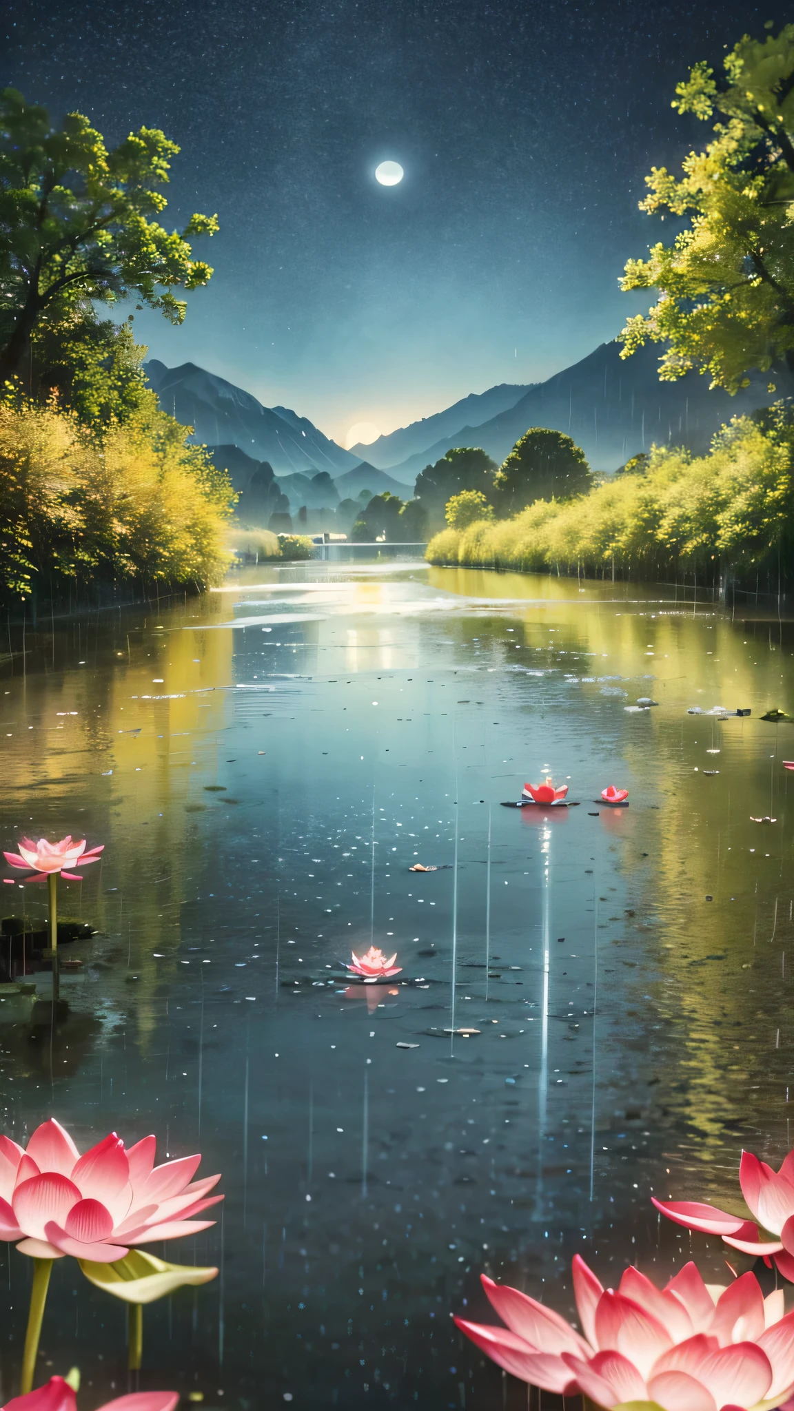 At night, only the moonlight illuminates, crooked moon, mountains in the distance, beautiful big lotus flowers nearby, big red lotus flowers, running water next to it, frogs, summer full of joy, crooked moon in the sky mixed with stars, amazing wallpaper, rainy night, night in the rain, beautiful and beautiful, movie, high detail ((heavy rain))), 8k