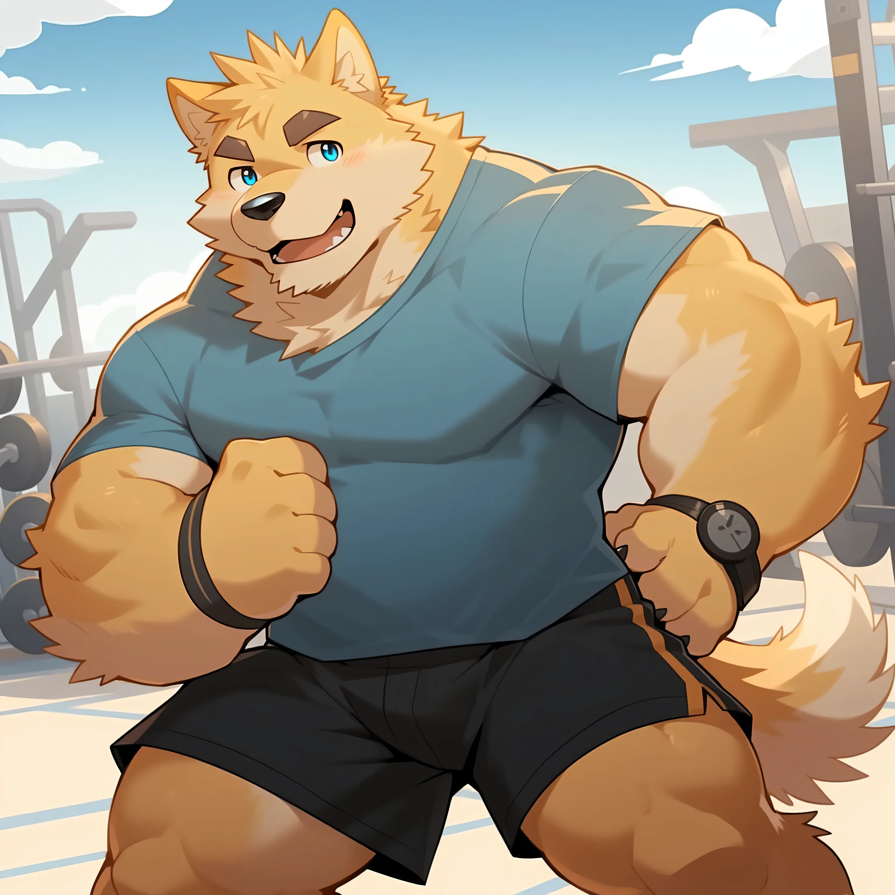 Scribble golden retriever dog face,Humanity(dog),(White short sleeve:1.3),muscular,(Black eyebrows:1.1),(Perfect eyes),Yellow fur,(artist:Takemoto Arashi),Gym background,Wolf tail,(Black shorts:1.3),paw,(Black watch:1.3)