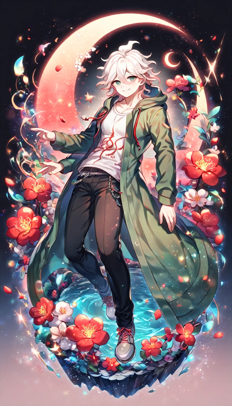 absurdres, highres, ultra detailed, HDR, master piece, Komaeda Nagito, white hair, expressive light green-grey eyes, green long coat with hoodie, white shirt, black pants, grey shoes, Danganronpa, sexy man, handsome, best quality, red glittering crescent moon, red flowers, fantasy, magical, solo, water, red shining fireflies, red petals, sensual, horny, manly man, handsome smile,