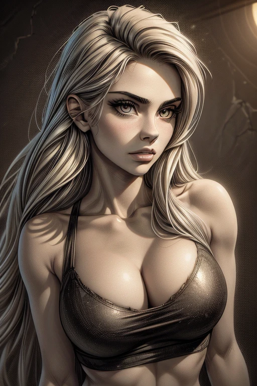 a 22 year old girl, sketch, skinny, tiny, t shirt, black and white, cute body, detailed features, cleavage, vintage style, high contrast lighting, cute eyes, long hair,(best quality,4k,8k,highres,masterpiece:1.2),ultra-detailed,(realistic,photorealistic,photo-realistic:1.37),vintage,monochrome,intense gaze,dramatic lighting,rugged background,distressed paper texture,retro vibes,id photo,front view, beautiful shadows and lights
