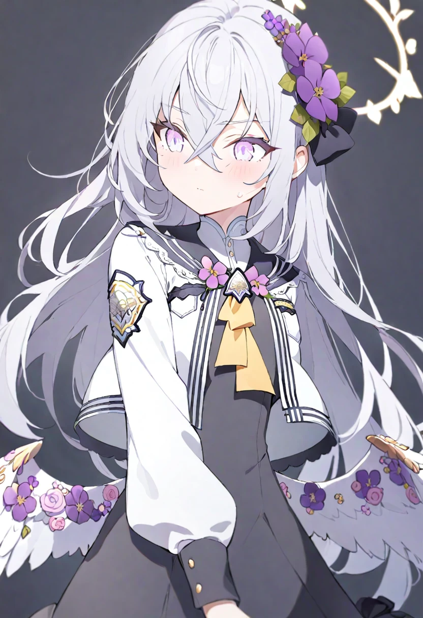 azusa \(blue archive\), 1girl angel_wings black_dress blush closed_mouth cowboy_shot dress feathered_wings flower grey_hair hair_between_eyes hair_flower hair_ornament halo jacket long_hair long_sleeves open_clothes open_jacket purple_eyes purple_flower simple_background solo white_background white_jacket white_wings wings yellow_halo