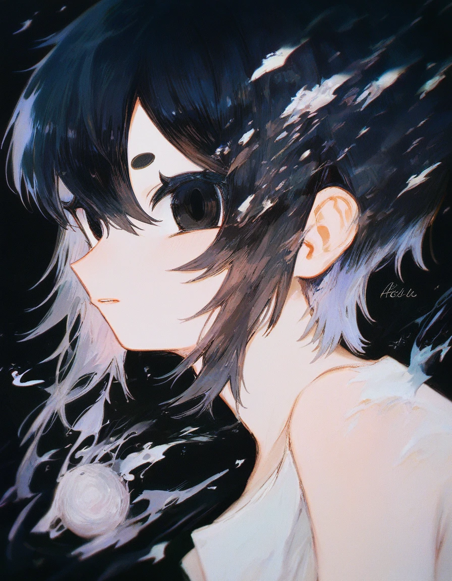Create a portrait of a single anime-style girl with a wild, intense expression, blending a "" aesthetic with a more mature feminine touch. The character should have short black hair and black eyes, depicted in a monochromatic style against a black background. She should be facing forward with a direct, almost frenzied gaze. Focus on capturing a sense of chaotic emotion and intensity, using abstract elements to enhance the dramatic effect. Ensure the illustration is high-quality, with a detailed and expressive appearance, rated at least 7 out of 10 for artistic quality.