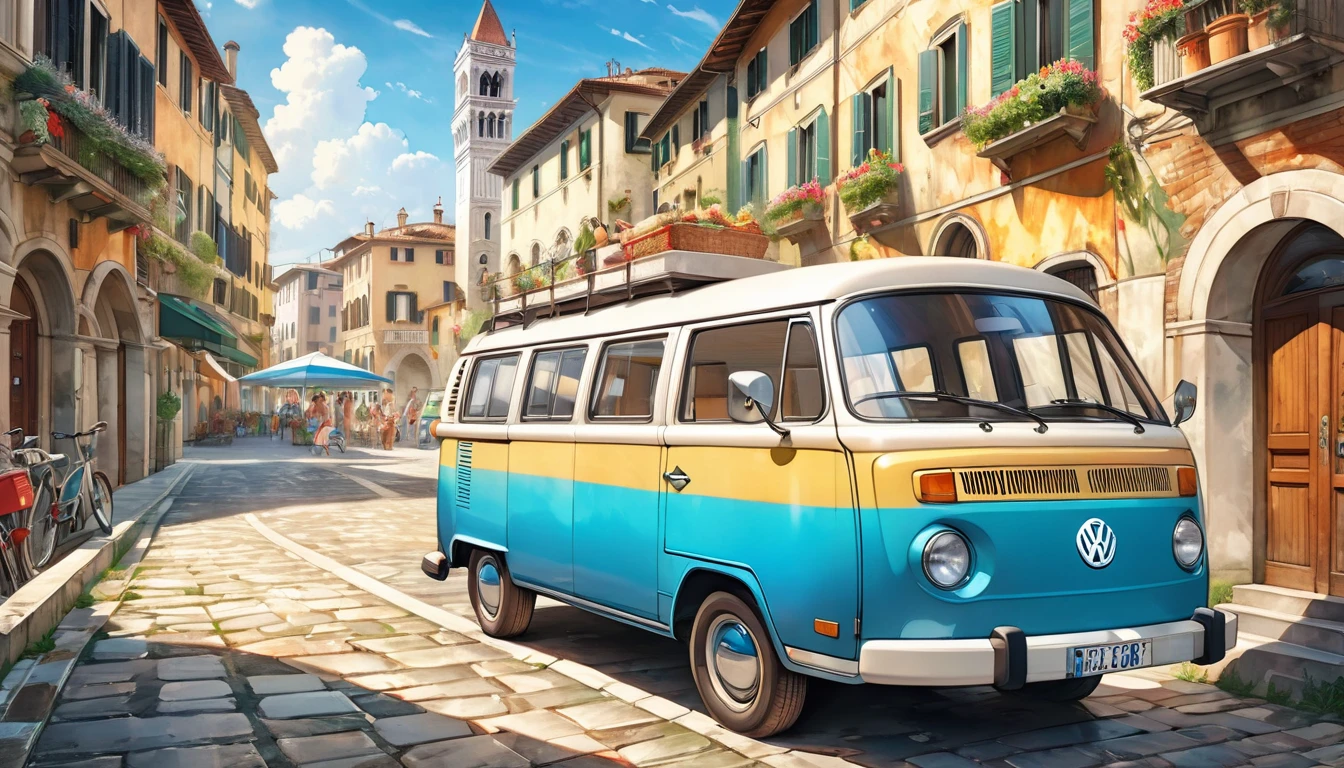 歴史的masterpiece,A picture of a van parked on a cobblestone street near the building., A VW bus on the road, beautiful retro art, by Bencho Obreshkov, Colourful and detailed, 8k)), happy italian beach scene, Florence,Venice,Watercolor style, super Realistic painting style, Detailed 4K painting, Realistic painting style, Awesome Wallpapers,There is no one,Only one car,masterpiece