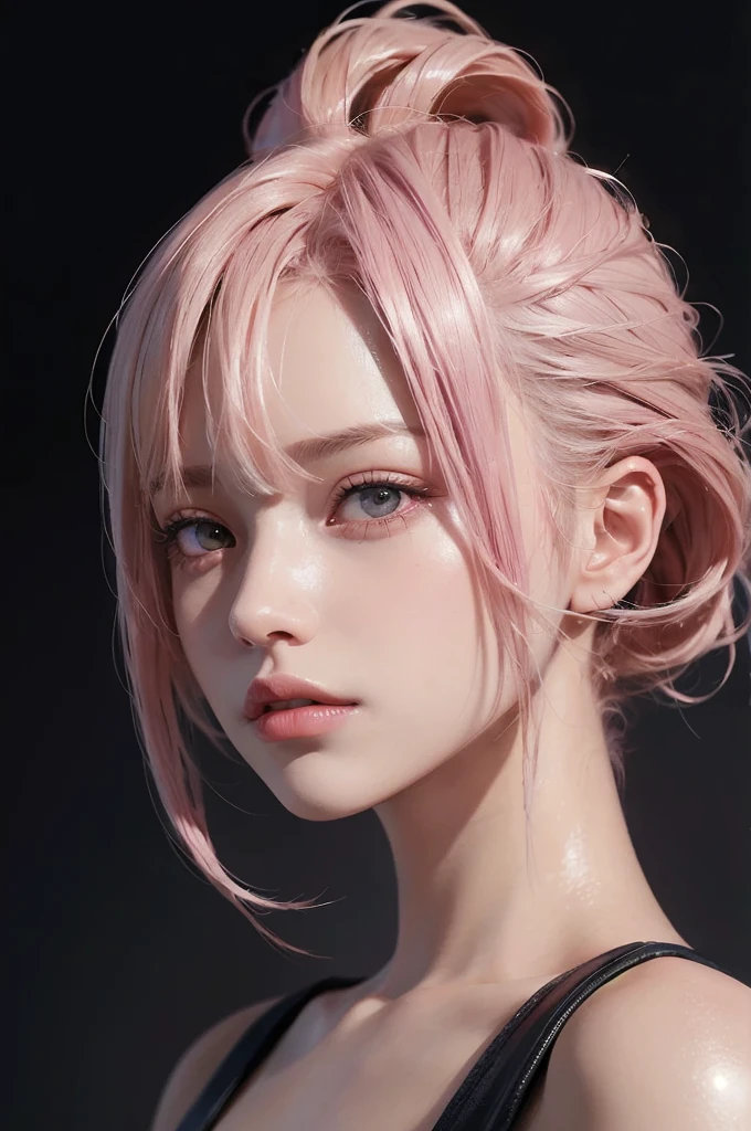 20-year-old woman, blonde hair, (High Top Fade:1.3), Dark Theme, Calm tone, Calm colors, High Contrast, (Natural skin texture, Hyperrealism, Soft Light, sharp), green eyes, blonde Hair, Medium Hair, Shiny Hair, Bob Hair, Deco bangs, Open your mouth a little, Long eyelashes, meditation, headphone