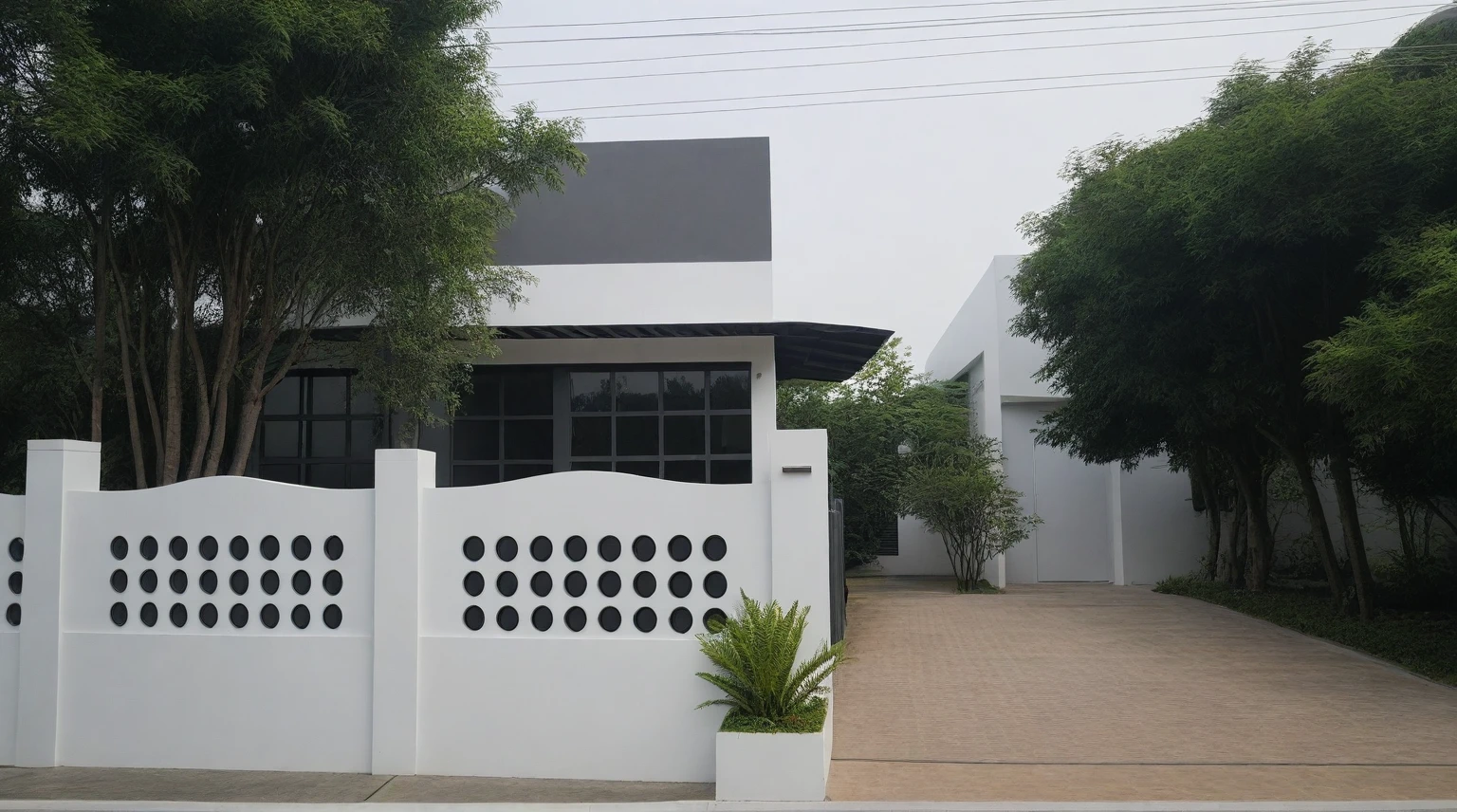 RAW photo, a photo of a modern house, (curvilinear chrchitecture:1.4), Wabisabi style rounded wall, white wall, steel dark gate, sidewalk, sidewalk trees, ((grey gate:1.2)), road, viet nam modern residence, ((architectural shot)), rough white wall, new residential area, wide angle exterior 2022, contemporary house, exterior photography, masterpiece, contemporary architecture, overcast, indirect lighting