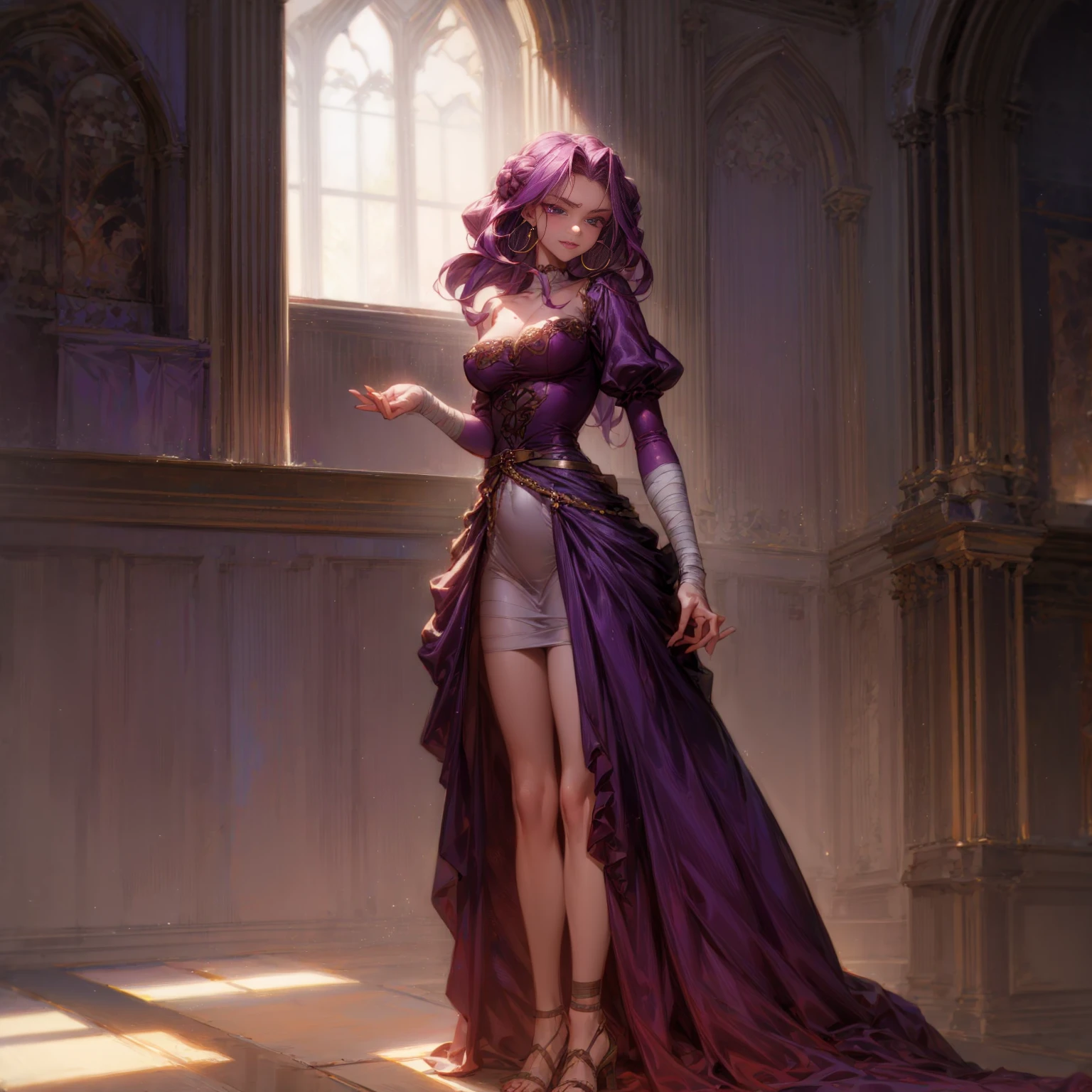 Solo character, full body version, detailed background, detailed clothing, detailed hair, detailed face detailed gesture, girl, purple eyes, lavender color hair, long haircut, long dress Victorian, red color dress, sandals, bandage, hoop earrings, indoor, inn medieval, sad eyes, smile mouth, standing gesture, Medium Breast